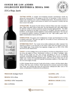 2005 Conde de los Andes Colección Histórica – Fact Sheet
