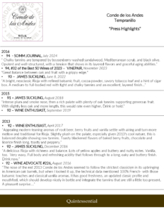 Conde de los Andes Tempranillo – Press Highlights