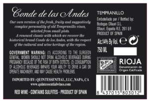 Conde de los Andes Tempranillo – Back Label – Non-Vintage