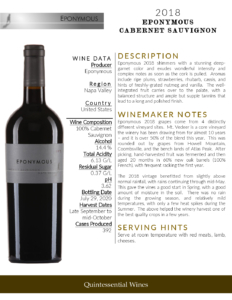 2018 Eponymous Cabernet Sauvignon – Fact Sheet