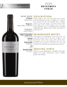 2020 Eponymous Syrah – Fact Sheet