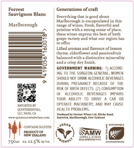 Forrest Wines Sauvignon Blanc – Back Label – Non-Vintage
