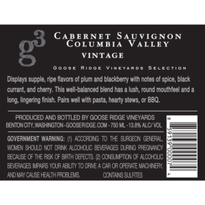 G3 Cabernet Sauvignon – Back Label – Non-Vintage