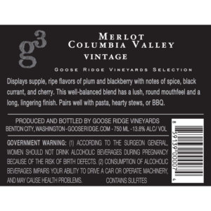 G3 Merlot – Back Label – Non-Vintage