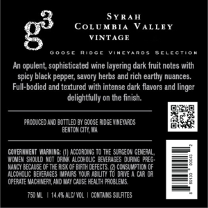 G3 Syrah – Back Label – Non-Vintage