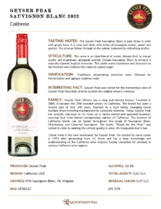2022 Geyser Peak Sauvignon Blanc – Fact Sheet