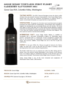 2021 Goose Ridge Vineyards First Flight Cabernet Sauvignon  – Fact Sheet