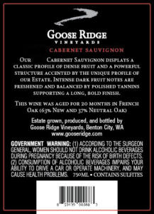 Goose Ridge Vineyards First Flight Cabernet Sauvignon – Back Label – Non-Vintage