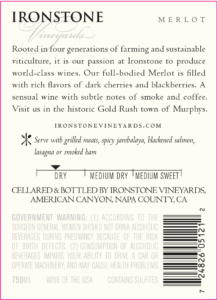 Ironstone Merlot – Back Label – Non-Vintage
