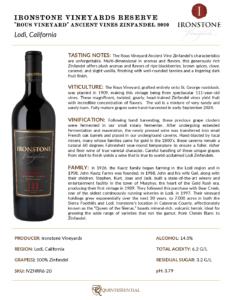 2020 Ironstone Reserve Rous Vineyards ‘Ancient Vines’ Zinfandel – Fact Sheet
