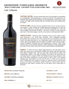 2021 Ironstone Reserve Rous Vineyards ‘Ancient Vines’ Zinfandel – Fact Sheet