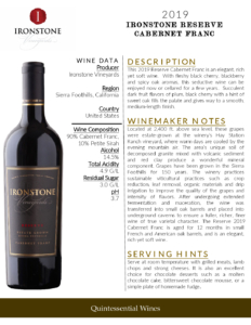 2019 Ironstone Reserve Cabernet Franc – Fact Sheet