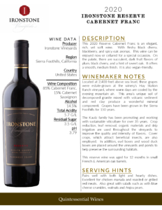 2020 Ironstone Reserve Cabernet Franc – Fact Sheet