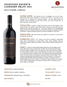 2021 Ironstone Reserve Cabernet Franc – Fact Sheet
