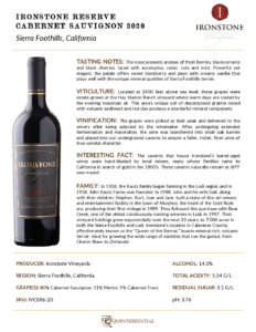 2020 Ironstone Reserve Cabernet Sauvignon – Fact Sheet