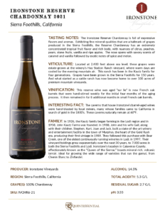 2021 Ironstone Reserve Chardonnay – Fact Sheet