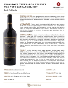2020 Ironstone Reserve Old Vine Zinfandel – Fact Sheet