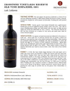 2021 Ironstone Reserve Old Vine Zinfandel – Fact Sheet