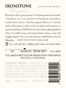 Ironstone Sauvignon Blanc – Back Label – Non-Vintage