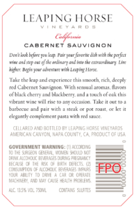 Leaping Horse Cabernet Sauvignon – Back Label – Non-Vintage