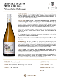 2022 Leefield Station Pinot Gris – Fact Sheet