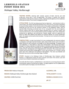 2021 Leefield Station Pinot Noir – Fact Sheet