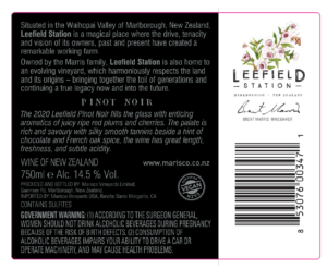 Leefield Station Pinot Noir – Back Label – Non-Vintage