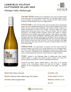 2023 Leefield Station Sauvignon Blanc – Fact Sheet