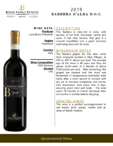 2019 Luca Bosio Barbera d’Alba ‘Egidio’ – Fact Sheet