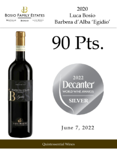 2020 Luca Bosio Barbera d’Alba ‘Egidio’ – 90 points, Decanter – Accolades Sell Sheet
