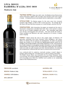 2020 Luca Bosio Barbera d’Alba ‘Egidio’ – Fact Sheet