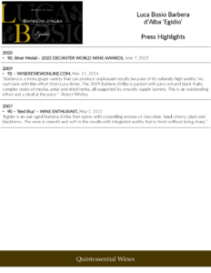 Luca Bosio Barbera d’Alba ‘Egidio’ – Press Highlights
