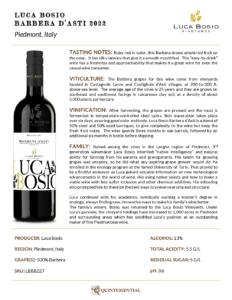 2022 Luca Bosio Barbera d’Asti DOCG – Fact Sheet