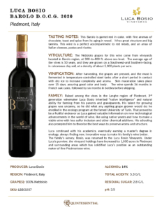 2020 Luca Bosio Barolo DOCG – Fact Sheet