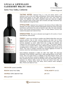 2020 Lucas & Lewellen Cabernet Franc – Fact Sheet