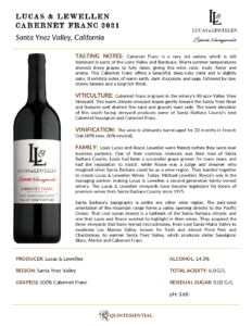 2021 Lucas & Lewellen Cabernet Franc – Fact Sheet