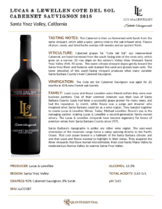 2018 Lucas & Lewellen Cote del Sol Cabernet Sauvignon  – Fact Sheet