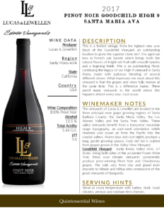 2017 Lucas & Lewellen Pinot Noir Goodchild High 9 – Fact Sheet