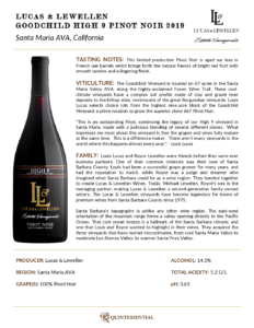 2019 Lucas & Lewellen Pinot Noir Goodchild High 9 – Fact Sheet