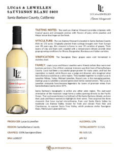2022 Lucas & Lewellen Sauvignon Blanc – Fact Sheet