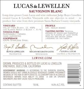 Lucas & Lewellen Sauvignon Blanc – Back Label – Non-Vintage