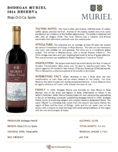 2014 Muriel Gran Reserva – Fact Sheet
