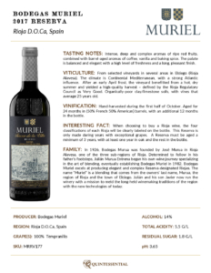 2017 Muriel Reserva – Fact Sheet