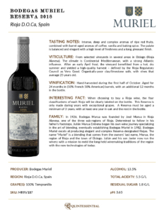 2018 Muriel Reserva – Fact Sheet