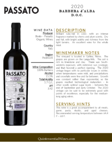 2020 Passato Barbera d’Alba, Made with Organic Grapes – Fact Sheet