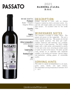 2021 Passato Barbera d’Alba, Made with Organic Grapes – Fact Sheet