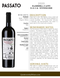 2020 Passato Barbera d’Asti Superiore, Made with Organic Grapes – Fact Sheet