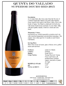 2015 Quinta do Vallado Superior Douro Red – Fact Sheet