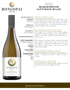 2022 Rongopai Marlborough Sauvignon Blanc – Fact Sheet