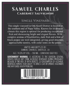 Samuel Charles Oak Knoll Cabernet Sauvignon – Back Label – Non-Vintage